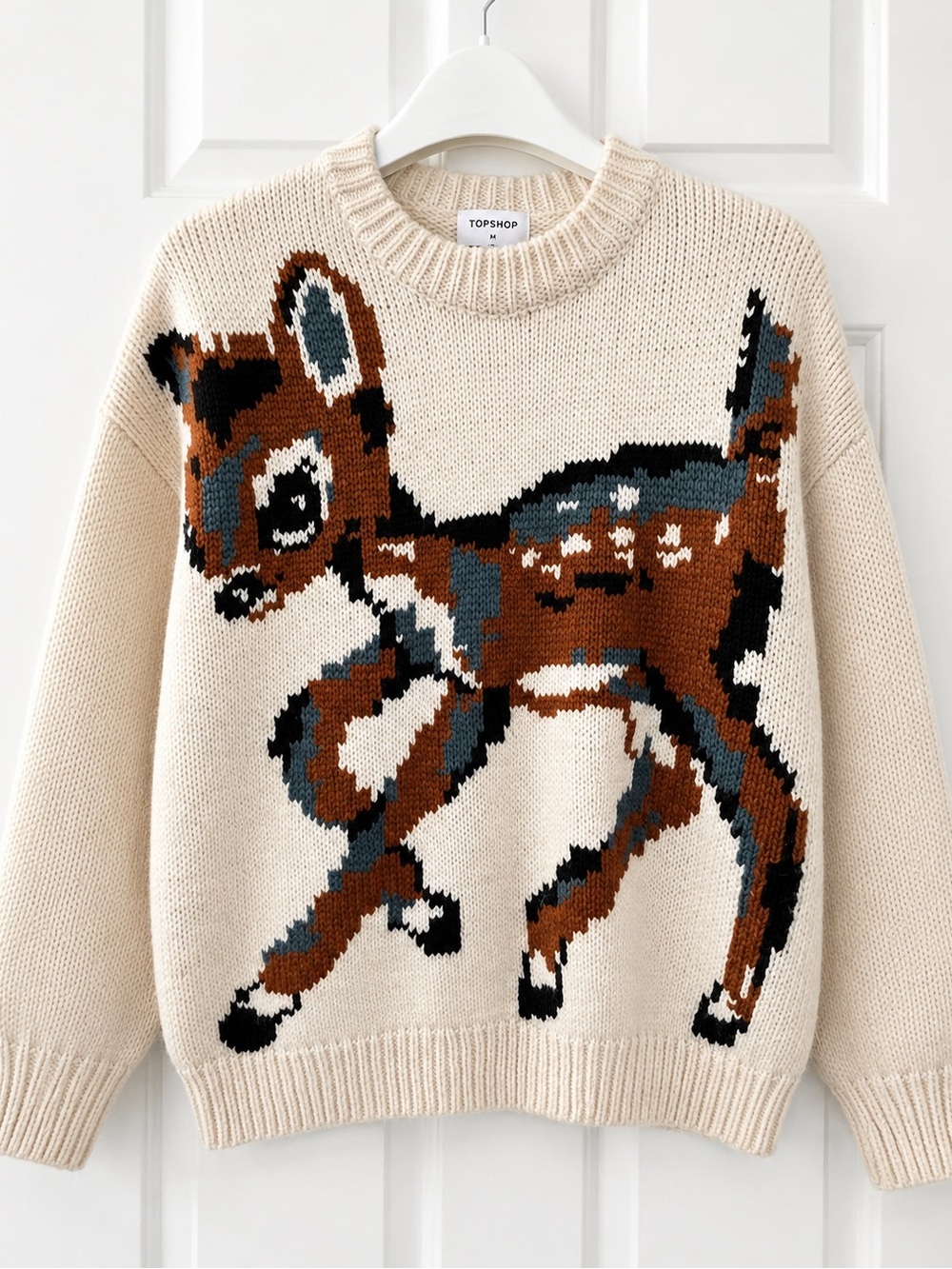 Topshop Deer Intarsia Chunky Knit Sweater Cream Oversized Cozy Size Medium
